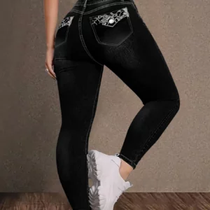 Women's Black Embroidered Back-Pocket Skinny Jeans Retro Style Casual Perfect for Outings