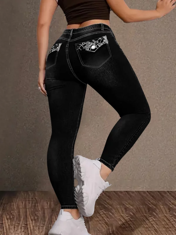 Women's Black Embroidered Back-Pocket Skinny Jeans Retro Style Casual Perfect for Outings