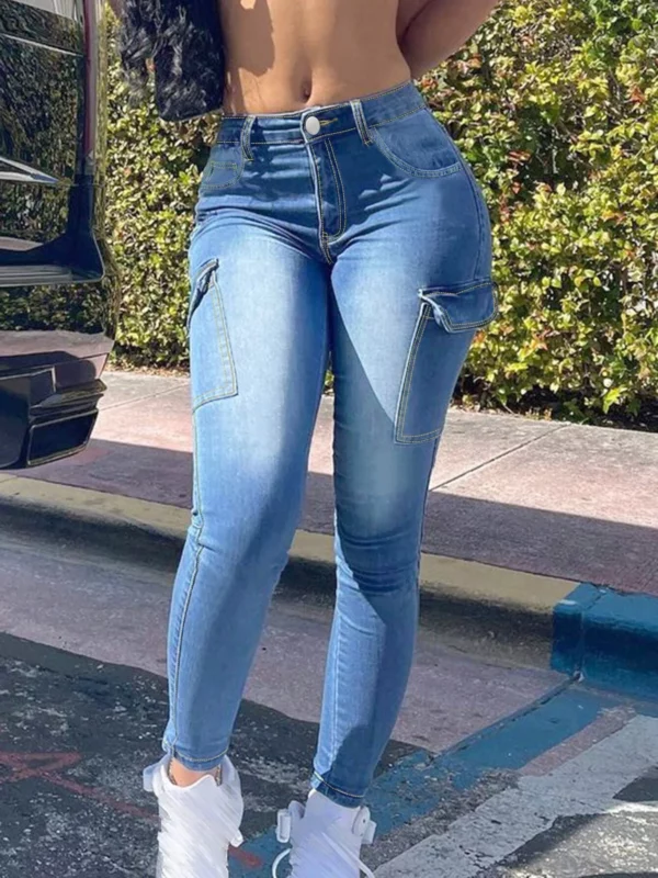 Multi-Pocket Washed Street Style Tight High Waist Jeans Casual Pant Women - Image 6