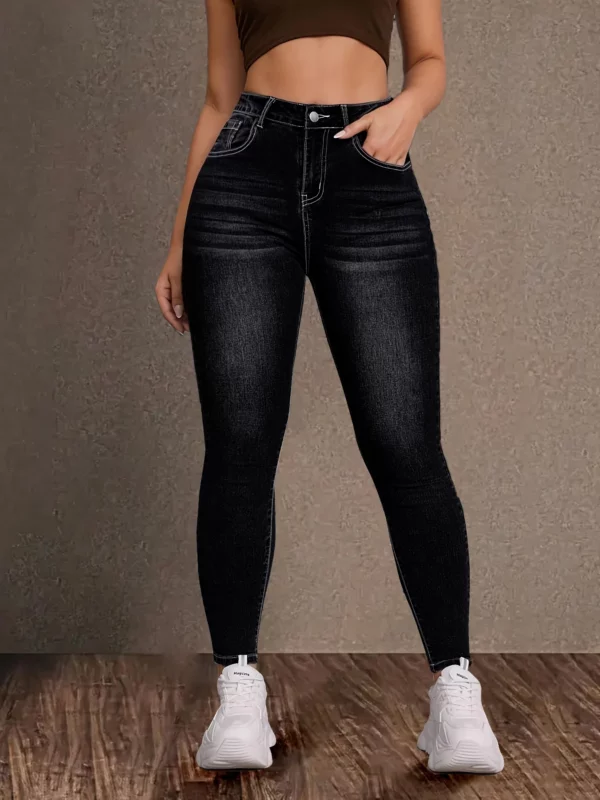 Women's Black Embroidered Back-Pocket Skinny Jeans Retro Style Casual Perfect for Outings - Image 2