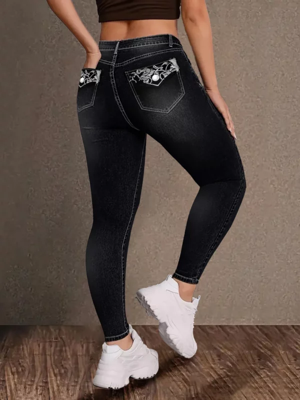 Women's Black Embroidered Back-Pocket Skinny Jeans Retro Style Casual Perfect for Outings - Image 5