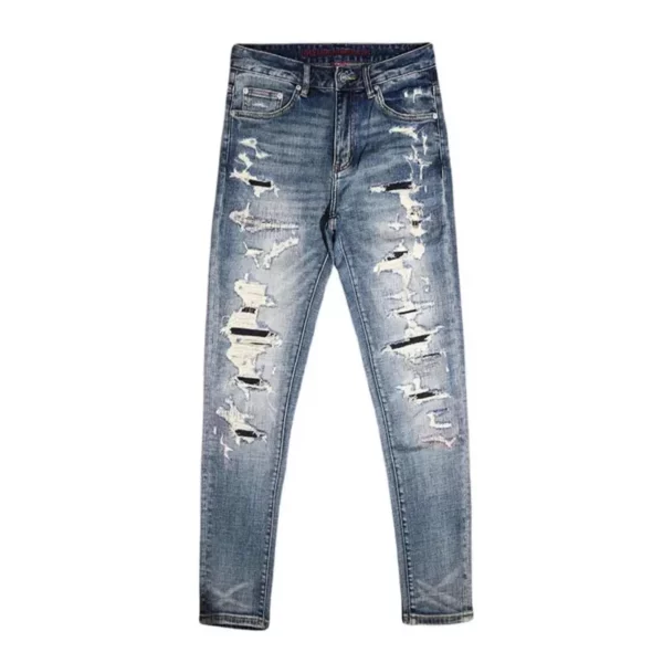 Men Jeans High Quality Retro Washed Stretch Slim Fit Patched Ripped Jeans Men Vintage Denim Pants - Image 5