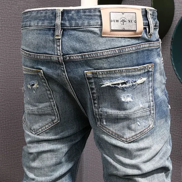 Men Jeans High Quality Retro Washed Stretch Slim Fit Patched Ripped Jeans Men Vintage Denim Pants - Image 4