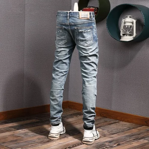Men Jeans High Quality Retro Washed Stretch Slim Fit Patched Ripped Jeans Men Vintage Denim Pants - Image 2