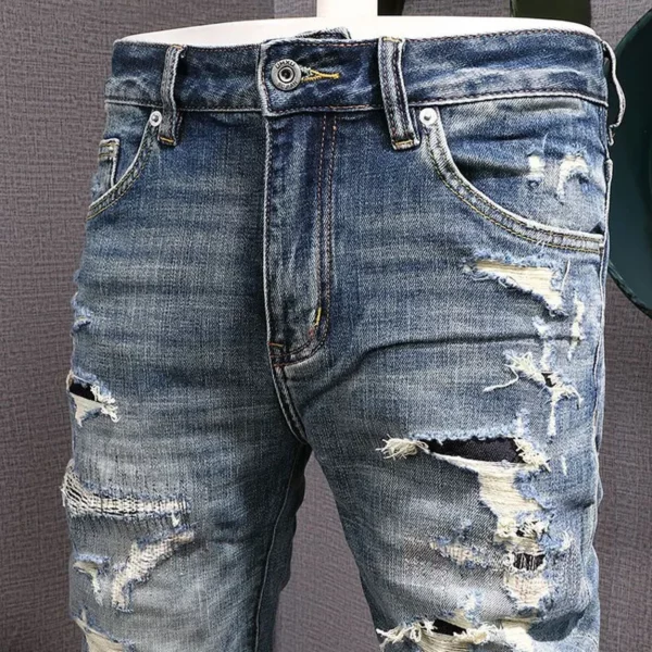 Men Jeans High Quality Retro Washed Stretch Slim Fit Patched Ripped Jeans Men Vintage Denim Pants - Image 3