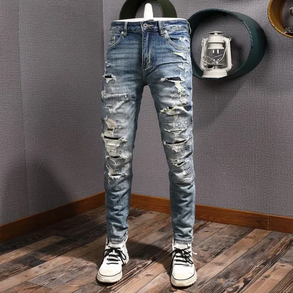 Men Jeans High Quality Retro Washed Stretch Slim Fit Patched Ripped Jeans Men Vintage Denim Pants - Image 6