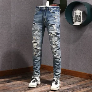 Men Jeans High Quality Retro Washed Stretch Slim Fit Patched Ripped Jeans Men Vintage Denim Pants