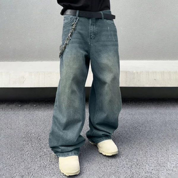 Men Work Denim Pants Loose Baggy Wide Straight Leg Multi Pocket Casual Denim Trouser Baggy Jeans Pants - Image 3
