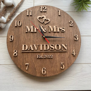 Personalized 5th Anniversary Gift for Him Her Wood Housewarming Gift Clock Family Name Sign