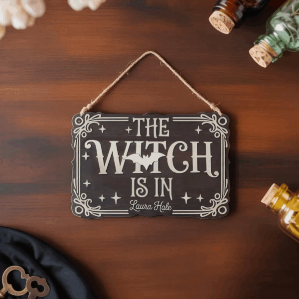 The Witch Is In Halloween Door Sign, Double Sided Wooden In Out Sign, Magical Witchy Gothic Decor, Halloween Welcome Sign