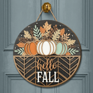 Hello Fall Pumpkin & Leaf Door Hanger, Autumn Round Door Sign, Fall Porch Decor