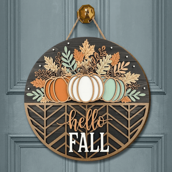Hello Fall Pumpkin & Leaf Door Hanger, Autumn Round Door Sign, Fall Porch Decor