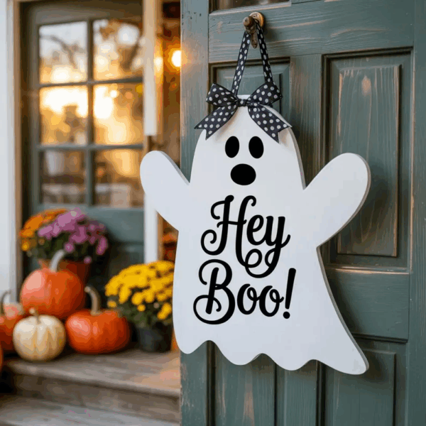 Hey Boo Ghost Door Hanger Wooden Halloween Sign