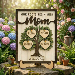 Personalized Mom Family Tree Sign, Our Roots Begin With Mom, Custom Kids Name Wooden Plaque, Mother's Day Gift For Mom, Family Tree Heart