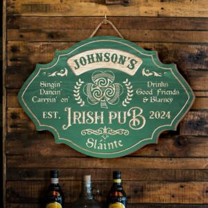 Slainte Vintage Rustic Shamrocks Irish Pub Custom Name - Personalized Wooden Sign, Saint Patrick's Day Decor