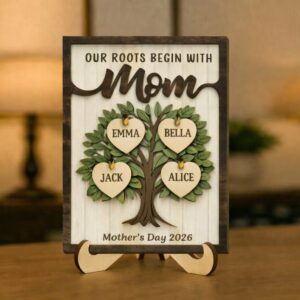Personalized Mom Family Tree Sign, Our Roots Begin With Mom, Custom Kids Name Wooden Plaque, Mother'S Day Gift For Mom, Family Tree Heart