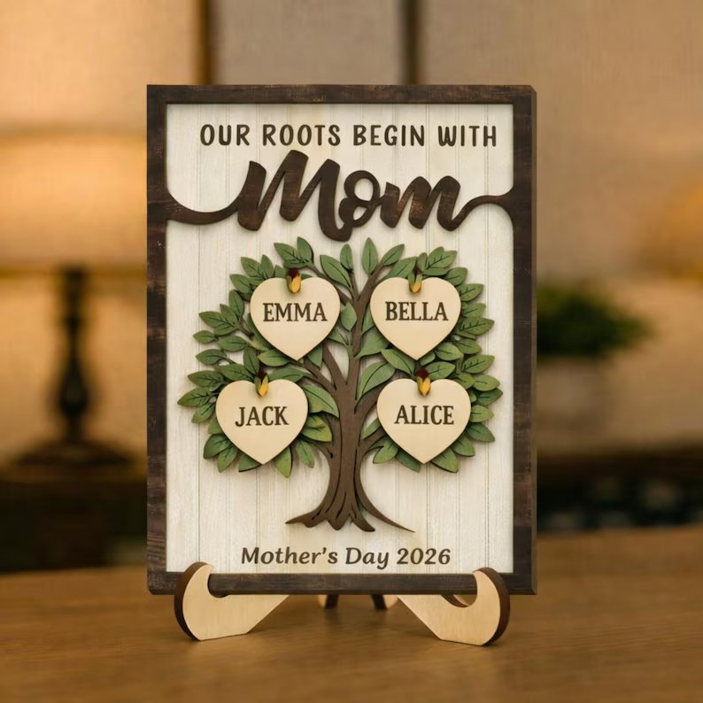 Personalized Mom Family Tree Sign, Our Roots Begin With Mom, Custom Kids Name Wooden Plaque, Mother'S Day Gift For Mom, Family Tree Heart