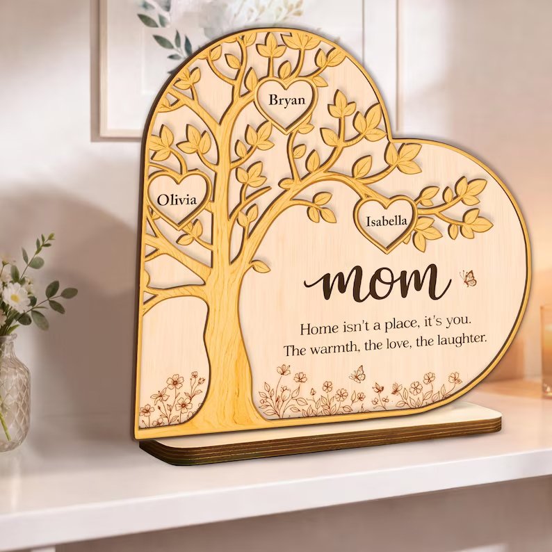 Personalized Mom Heart Wooden Sign Frame, Custom Kids Names Sign, Gift For Mom, Mother'S Day Gift From Kids, Mom Birthday Gift