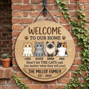 Custom Don't Let The Cats Out Wood Sign Personalized Cat Names Illustrations Funny No Matter What They Tell You Wall Art Decor