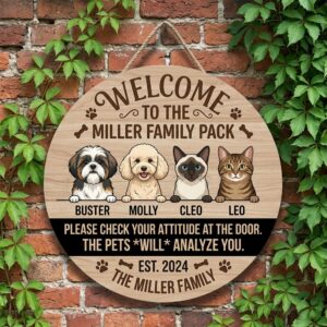 Custom Pet Welcome Sign Vibrant Colors Please Check Your Attitude At The Door Wood Plaque Personalized Cat And Dog Wall Art Decor