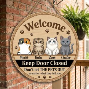 Custom Welcome Keep Door Closed Wood Sign Funny Don'T Let The Pets Out Wall Art Personalized Cat Names Decor Door Sign