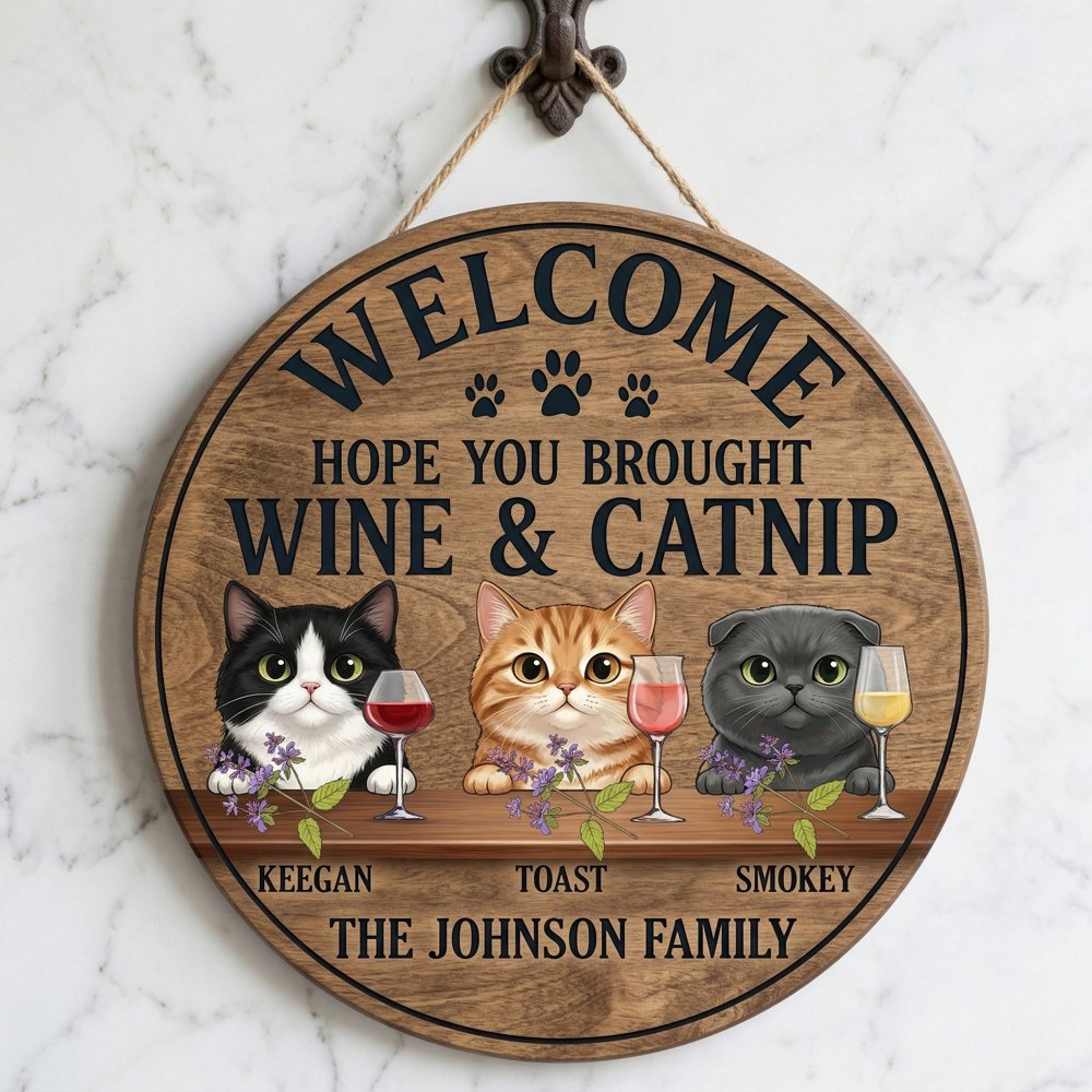 Custom Welcome Wood Sign For Cat Lovers Funny Wine & Catnip Gift Personalized Cat Name Wall Art Housewarming New Home Decor Custom Pet Gift