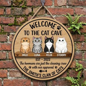 Customized Welcome To The Cat Cave Wood Sign Personalized Pet Names And Family Name Wall Decor Funny Hooman Cleaning Crew Wooden Hanging Plaque