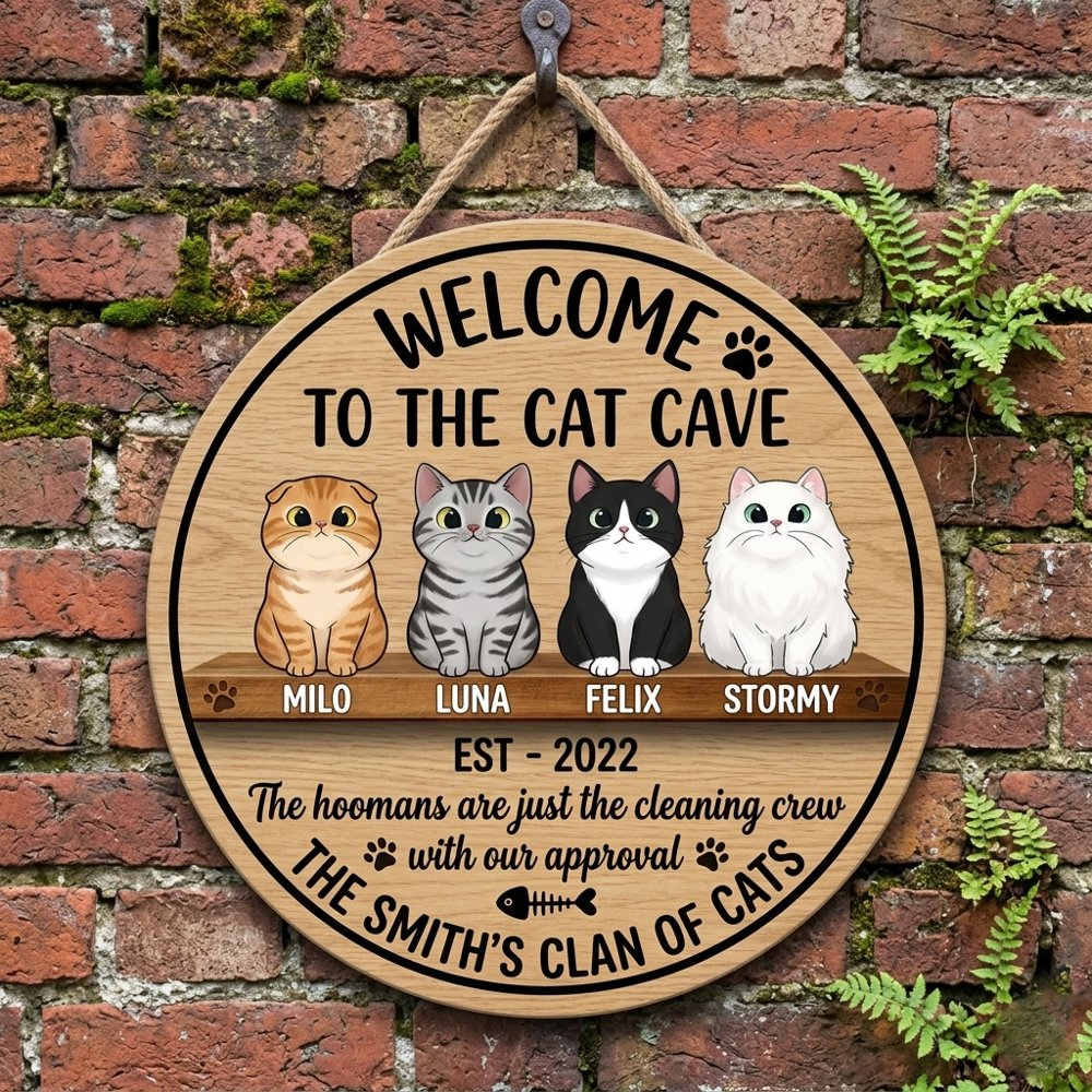 Customized Welcome To The Cat Cave Wood Sign Personalized Pet Names And Family Name Wall Decor Funny Hooman Cleaning Crew Wooden Hanging Plaque