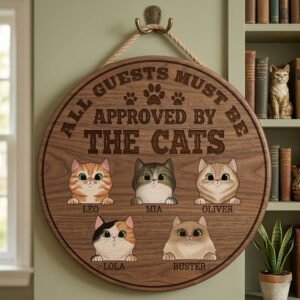 Personalized All Guests Must Be Approved By The Cats Printed Wood Sign Custom Cat Names Plaque Funny Entryway Wall Decor Cat Lovers Round Pet Decor