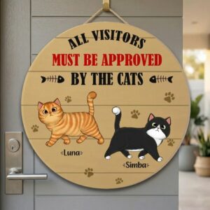Personalized All Visitors Must Be Approved By The Cats Wood Sign Custom Cat Names And Illustrations Door Decor Funny Pet Owner Entryway Wall Art
