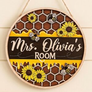 Personalized Bee And Sunflower Classroom Sign Custom Teacher Name Wood Door Hanger