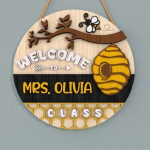 Personalized Bee Theme Classroom Sign Custom Teacher Name Wood Door Hanger Welcome Sign Appreciation Gift