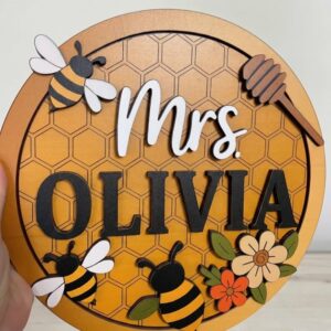 Personalized Bee Theme Teacher Name Sign Custom Honeycomb Wood Office Decor Aesthetic Classroom Door Hanger