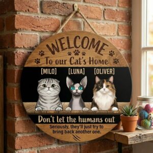 Personalized Cat Family Wooden Sign, Custom Cat Names & Portraits Welcome Sign, Cat Lover Gift, Pet Home Decor, Printed Wood Plaque For Entrance Door