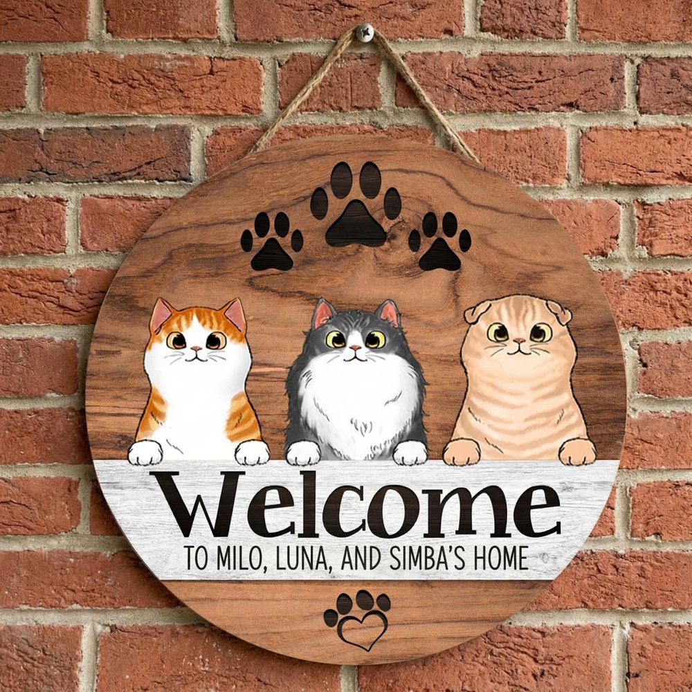 Personalized Cat Lover Gift, Cat Round Wood Sign, Custom Pet Names Welcome Door Hanger, Pet Lover Gift, Wooden Door Hanger, Rustic Cat Home Decor