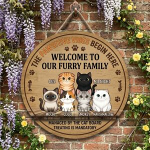 Personalized Cat Welcome Sign Custom Furry Family Wooden Door Sign Pawsitive Vibes Decor With Cat Names Door Sign