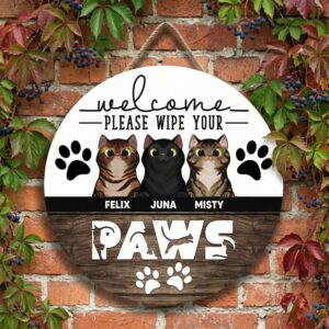 Personalized Cat Welcome Sign With Pet Names Custom Printed Wood Door Sign Wipe Your Paws Sign Round Cat Art Home Decor
