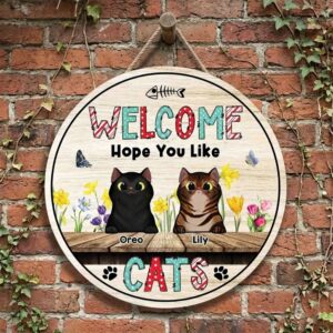 Personalized Cat Welcome Wooden Sign, Custom Cat Names, Cute Cat Lover Gift, Printed Wood Pet Sign, Home Decor Entrance Plaque