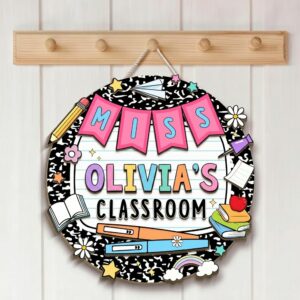 Personalized Classroom Door Sign Custom Wooden Name Plate With Pink Banner Black Composition Notebook Decor Teacher Appreciation Gift