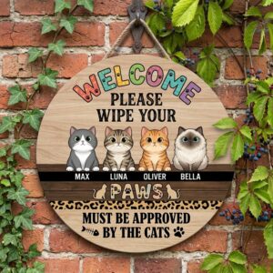 Personalized Colorful Welcome Please Wipe Your Paws Wood Sign Custom Cat Names & Illustrations Funny Must Be Approved By The Cats Wall Art