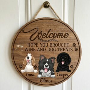 Personalized Dog Welcome Sign With Custom Pet Names Custom Wood Front Door Plaque Funny Wine & Dog Treats Decor For Dog Lovers