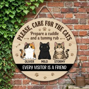 Personalized Every Visitor Is A Friend Wood Sign Custom Cat Names And Illustrations Wall Art Funny Please Care For The Cats Pet Owner Door Decor