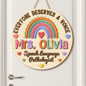 Personalized Everyone Deserves A Voice Sign Custom Slp Name Plate Rainbow Speech Language Pathologist Door Decor Wooden Clinician Gift