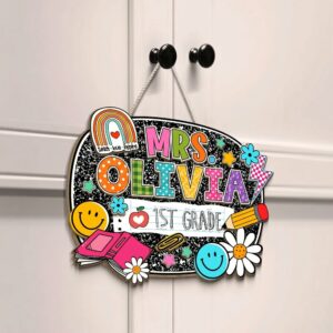 Personalized Grade Teacher Name Sign Custom Wooden Classroom Door Hanger Composition Notebook Decor Teacher Appreciation Gift