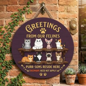 Personalized Greetings From Our Felines Wood Sign Custom Cat Names And Illustrations Wall Art Purr-Sons Reside Here Funny Pet Owner Hanging Decor