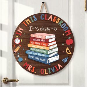 Personalized In This Classroom Door Sign Custom Wooden Teacher Name Sign It'S Okay To Books Stack Decor Teacher Appreciation Gift