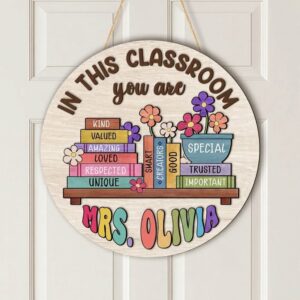 Personalized In This Classroom You Are Sign Custom Teacher Name Round Wood Decor Inspirational Classroom Welcome Door Hanger