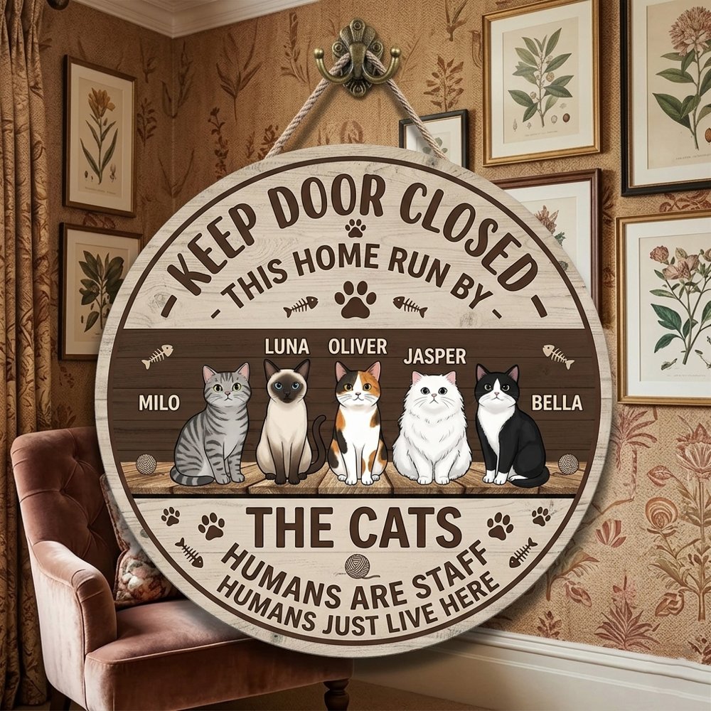 Personalized Keep Door Closed This Home Run By The Cats Wood Sign Custom Cat Names And Illustrations Wall Art Funny Humans Are Staff Home Decor
