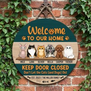 Personalized Keep Door Closed Wood Sign Custom Dog And Cat Names Wall Art Funny Don'T Let The Cats And Dogs Out Pet Safety Door Decor