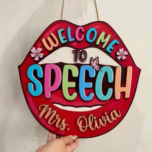 Personalized Lips Shape Welcome To Speech Sign Custom Slp Door Decor Red Mouth Speech Therapy Name Plate Unique Speech Pathologist Gift
